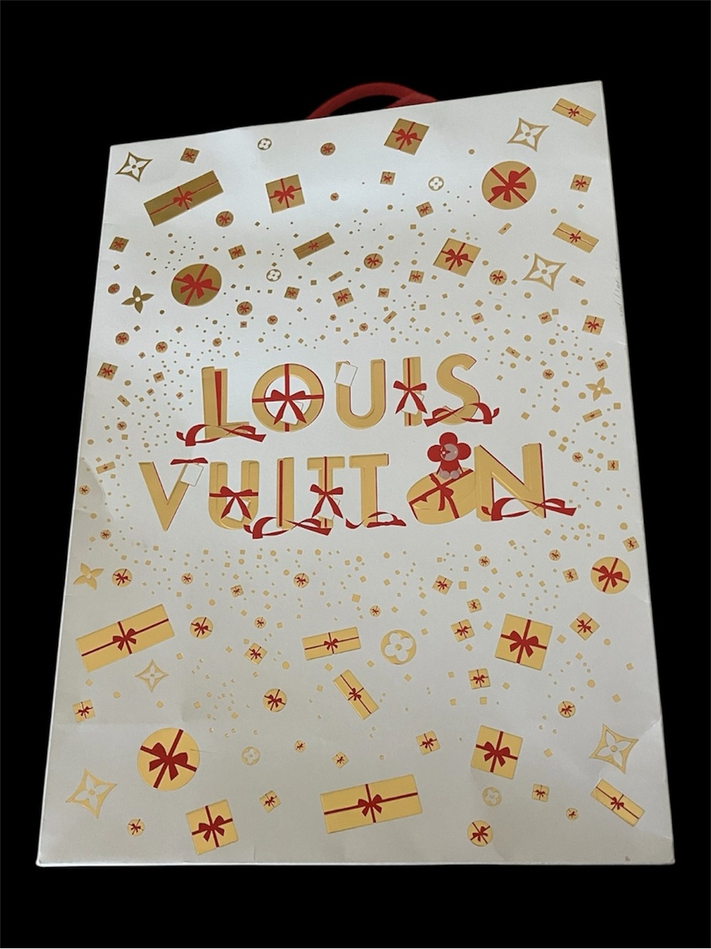Louis Vuitton White, Gold & Red Holiday Shopping Bag